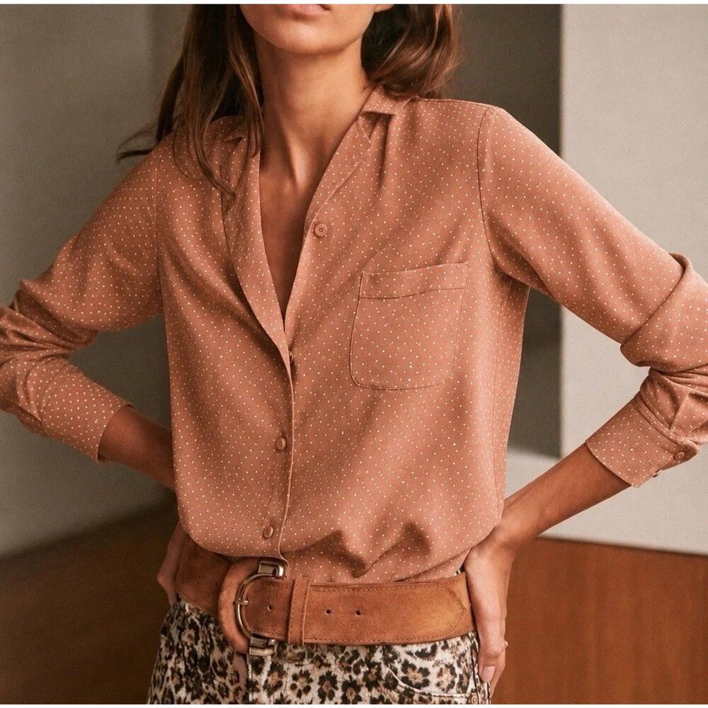 NWT Sezane 100% Silk Polka Dot Blouse Pink Long Sleeve Parisian Top US 6